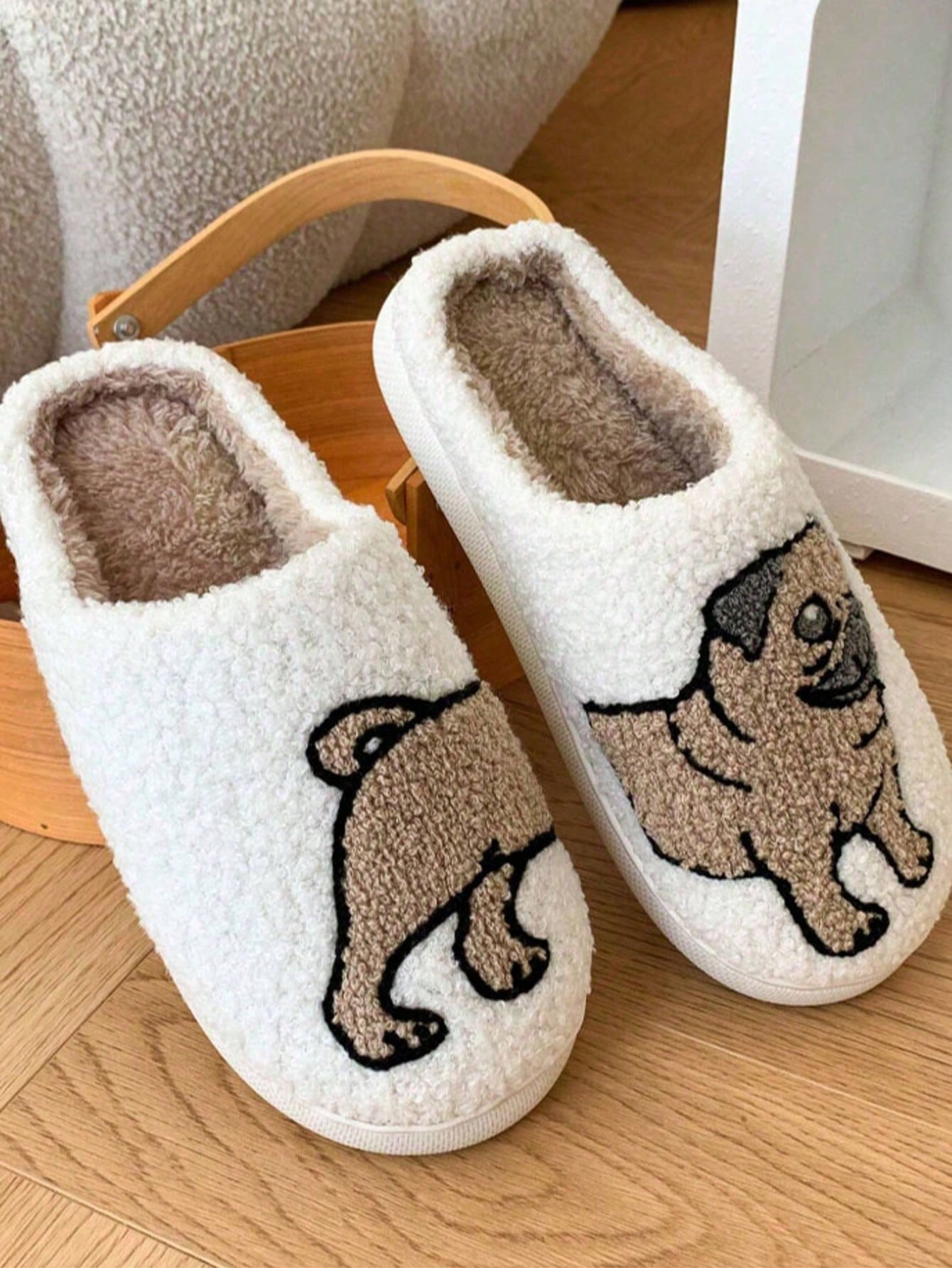 Embroidery Garments - Couple Pug Embroidery Plush Slippers, Winter