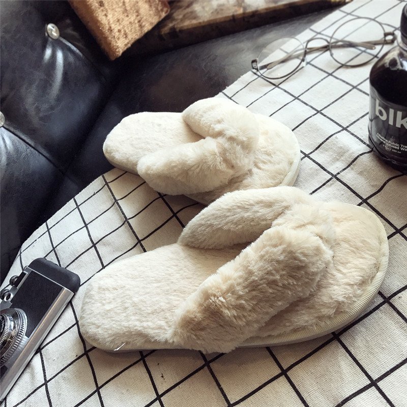 Embroidery Flat Shoes - Cross Warm Fluffy Furry Slippers Women