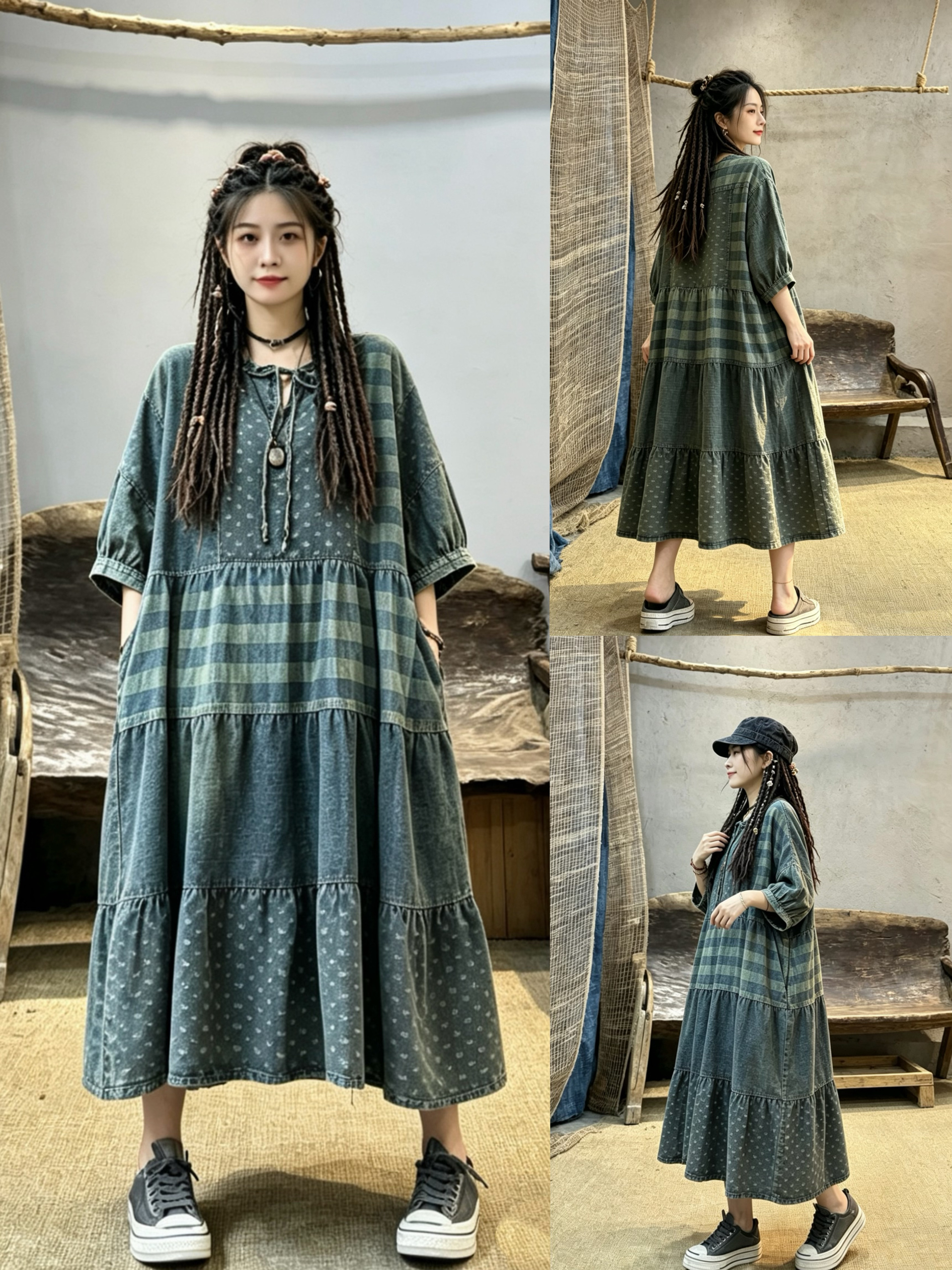 Embroidery Artist - Retro Patchwork Embroidered Denim Dress Women's