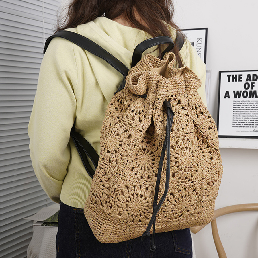 Embroidery Bali - Straw Drawstring Backpack Summer Boho Bali